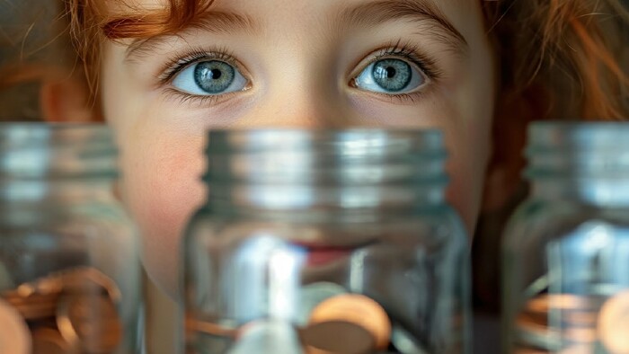 © Pure Imagination, AI, stock.adobe.com Kleines Mädchen schaut auf ihr Erspartes